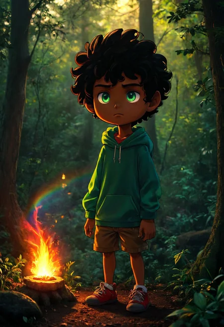 max (camp camp), dark fantasy theme, rainbow colored silhouette outline against a dark background,max (camp camp), 1boy, solo, human, male focus, curly black hair, curly tousled black hair, afro, dark skin, dark-skinned male, large eyes, round eyes, green eyes,small nose, triangular nose, pointed nose, beautiful forest horror, anime, magical fantasy, plasma pattern, dark lights
,epic, cinematic colors, masterpiece, detailmaximizer, midjourneyv6.1