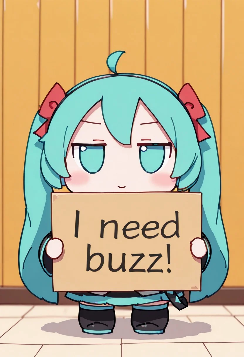 masterpiece, best quality,
1girl, (hatsune miku), (((chibi))), (((fumo))), (need_buzz), (holding sign),