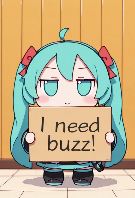 masterpiece, best quality,
1girl, (hatsune miku), (((chibi))), (((fumo))), (need_buzz), (holding sign),
