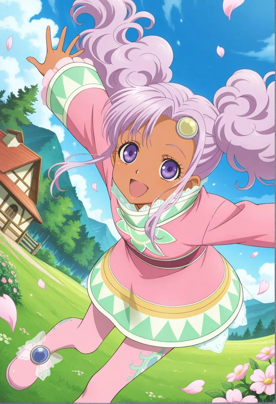detailed eyes, beautiful, detailed background, perfect eyes,
source_anime, very aesthetic, anime coloring, masterpiece, official art,
<lora:HandFineTuning_XL:1>
BREAK,
village, forest, mountains, flowers, flower petals,
open smile,
cowboy shot , dynamic angle, posing,
looking up,
BREAK,
<lora:meredy_illustriousXL_v02:0.9>
twintails, purple hair, purple eyes, pink dress, pink legwear, lace trim, meredyBase, lace, long sleeves, high collar, sleeves lace, dark skin, meredy \(tales\)
pink footwear, pink pantyhose, pantyhose pattern,
spread arms, shoes sole,