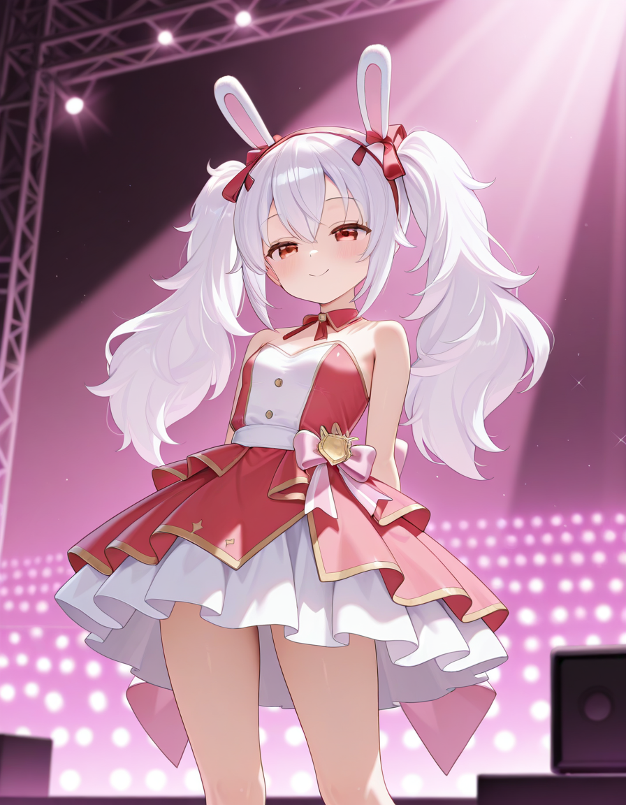 <lora:Laffey:1> laffey_al, 1girl, long hair, red eyes, animal ears, fake animal ears, standing on stage, idol form, smiling, masterpiece, best quality, amazing quality, very aesthetic, high resolution, ultra-detailed, absurdres, newest, scenery, depth of field, volumetric lighting, detailed eyes