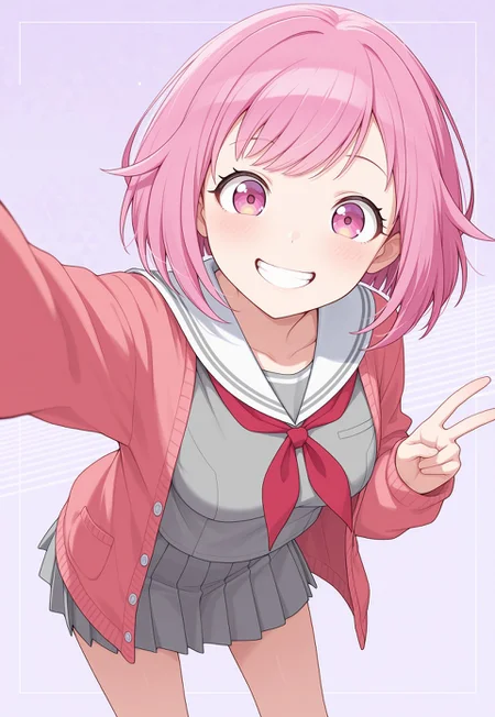masterpiece, best quality, amazing quality, 

ootori emu, pink eyes, pink hair, short hair, swept bangs, medium breasts, grey shirt, white sailor collar, red neckerchief, pink cardigan, long sleeves, open cardigan, grey skirt, pleated skirt, miniskirt, 

abstract background, 

1girl, cowboy shot, looking at viewer, smile, clenched teeth, leaning forward, arm at side, clenched hand, reaching towards viewer, v, legs apart