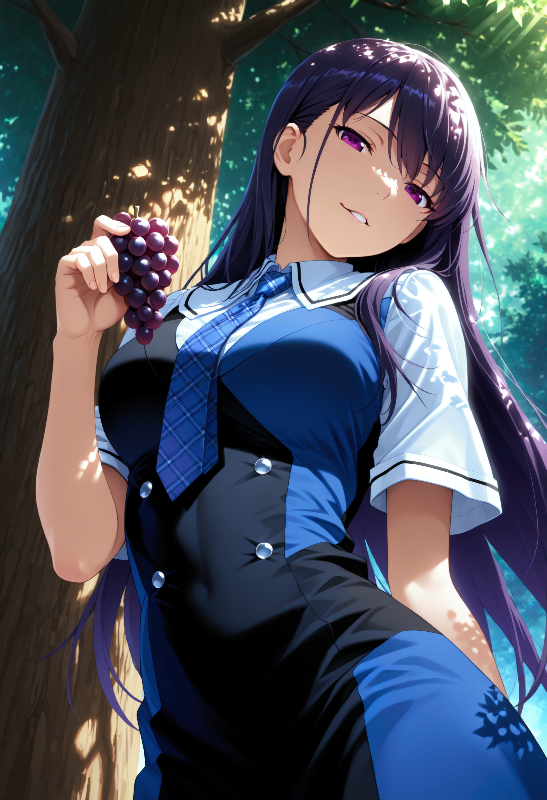 <lora:Char_SakakiYumikoV2:1>purple hair, long hair, purple eyes, hair behind ear,
two-tone dress, double-breasted, blue dress, black dress, short sleeves, blue necktie, plaid necktie, wing collar, white sleeves,
from below, looking at viewer, dappled sunlight, tree shade, seductive smile, parted lips, holding grapes, head tilt, leaning back, masterpiece, best quality