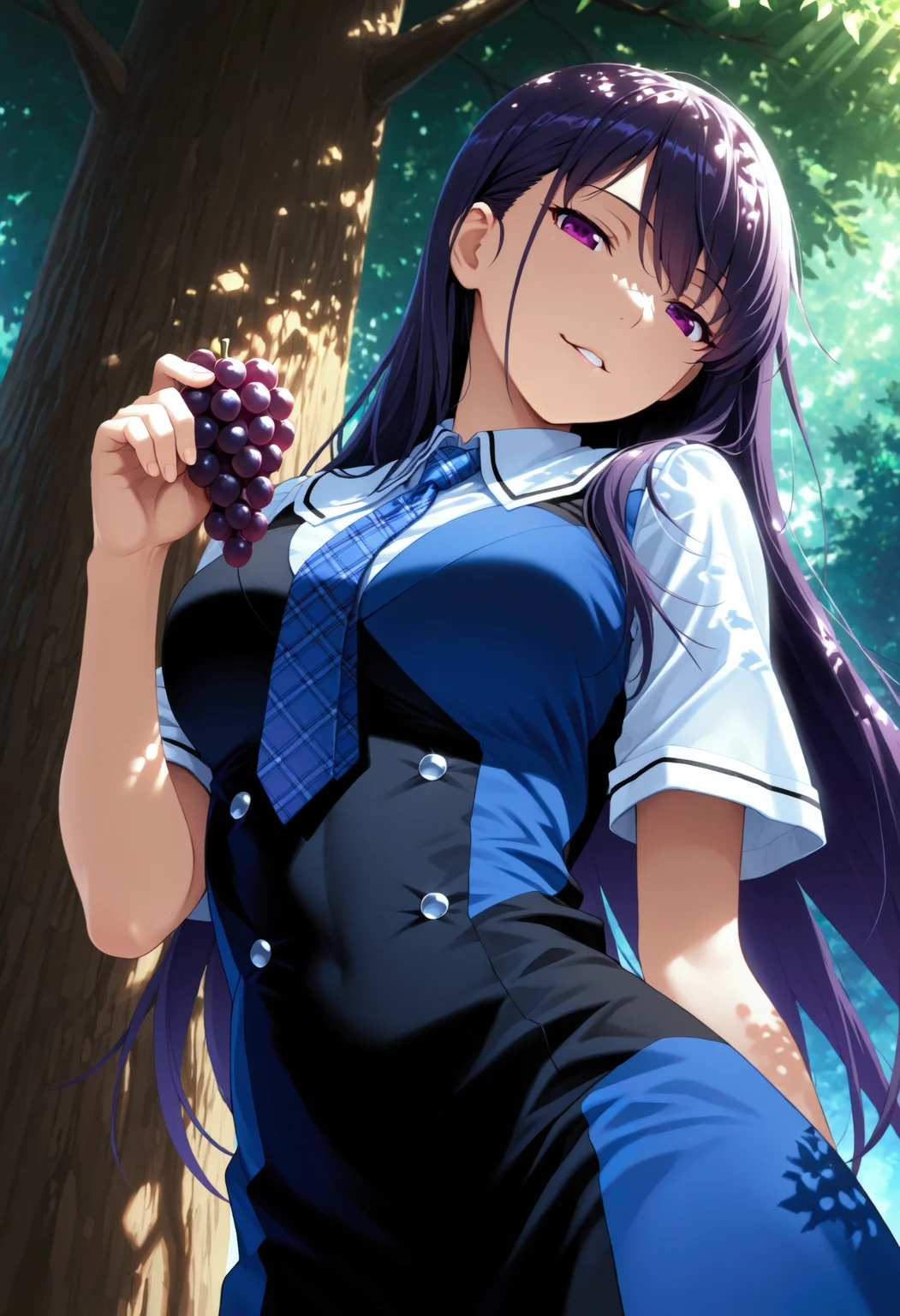 <lora:Char_SakakiYumikoV2:1>purple hair, long hair, purple eyes, hair behind ear,
two-tone dress, double-breasted, blue dress, black dress, short sleeves, blue necktie, plaid necktie, wing collar, white sleeves,
from below, looking at viewer, dappled sunlight, tree shade, seductive smile, parted lips, holding grapes, head tilt, leaning back, masterpiece, best quality