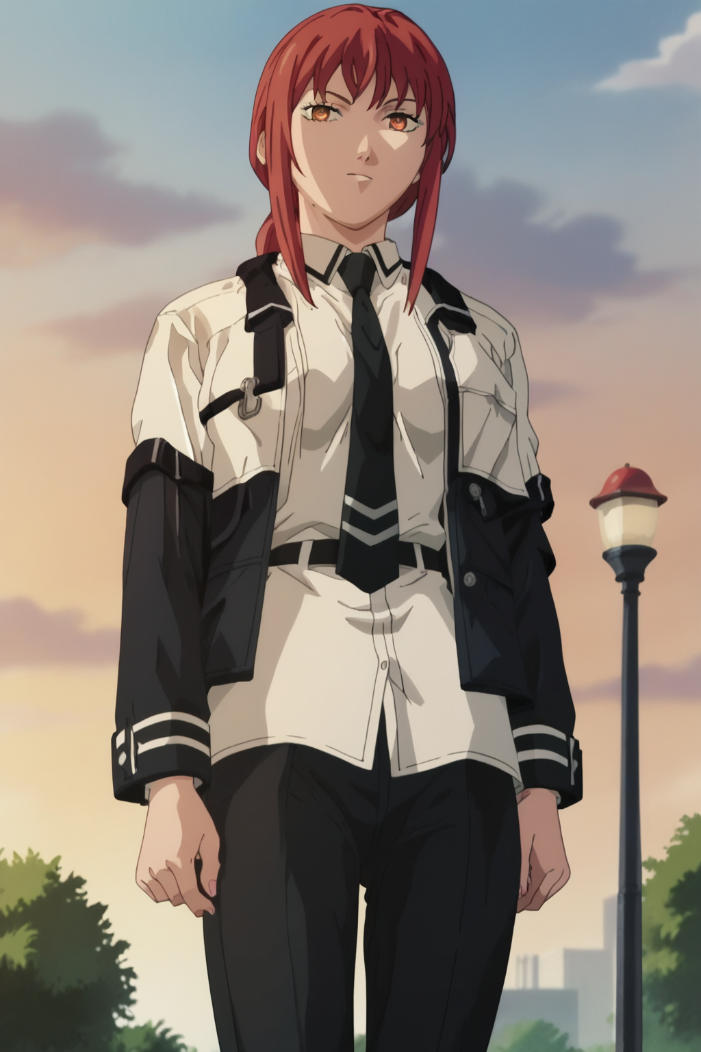 <lora:Bible_Black_Artstyle:1> bible black, artstyle, anime screencap, original artstyle,    <lora:mak1ma0XL_Pony_v1:1> 1girl, mak1ma0, red hair, long hair, ringed eyes, blackjacket,white collared shirt,black necktie,black pants
Ð ÑÐ±Ð°ÑÐºÐ°: white collared shirt,black necktie, Score_9, Score_8_up, Score_7_up, Score_6_up, Score_5_up, Score_4_up, BREAK,1girl in full growth, best quality, masterpiece, ultra-detailed, high quality,good quality,1 girl,(master piece,high resolution, ultra detailed,8K,16K),look at viewer