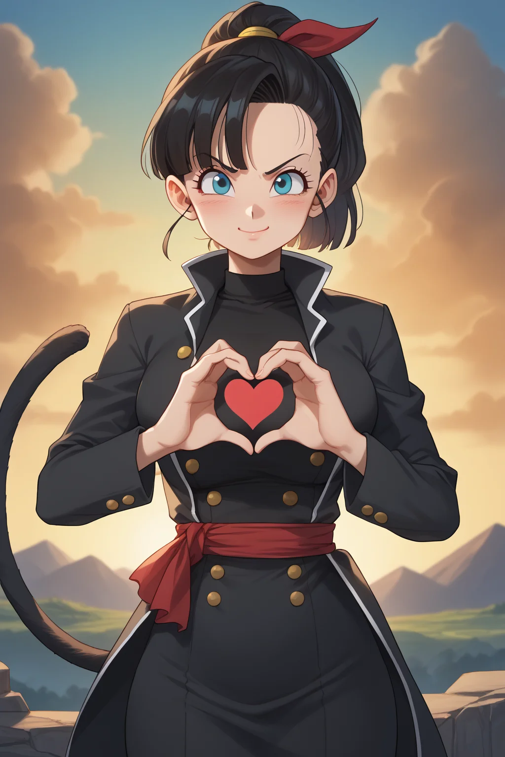score_9, score_8_up, score_7_up, score_6_up, score_5_up, score_4_up, masterpiece, high quality, BREAK, full body, BREAK, 1girl, <lora:Note (Dragon Ball):0.8> note (dragon_ball), black hair, ponytail, tail, monkey tail, red ribbon, hairpiece, large breasts, coat, jacket,  <lora:HeartBoobPose:0.9> HeartBoobPose, hand gesture, posing, heart shaped hands, over breasts, heart, heart hands,