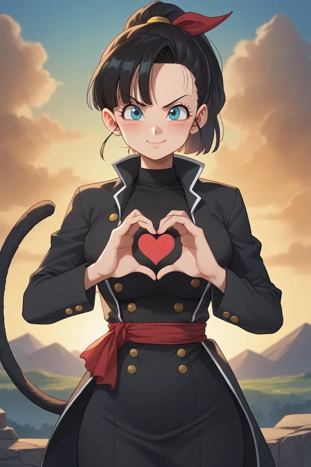 score_9, score_8_up, score_7_up, score_6_up, score_5_up, score_4_up, masterpiece, high quality, BREAK, full body, BREAK, 1girl, <lora:Note (Dragon Ball):0.8> note (dragon_ball), black hair, ponytail, tail, monkey tail, red ribbon, hairpiece, large breasts, coat, jacket, <lora:HeartBoobPose:0.9> HeartBoobPose, hand gesture, posing, heart shaped hands, over breasts, heart, heart hands,