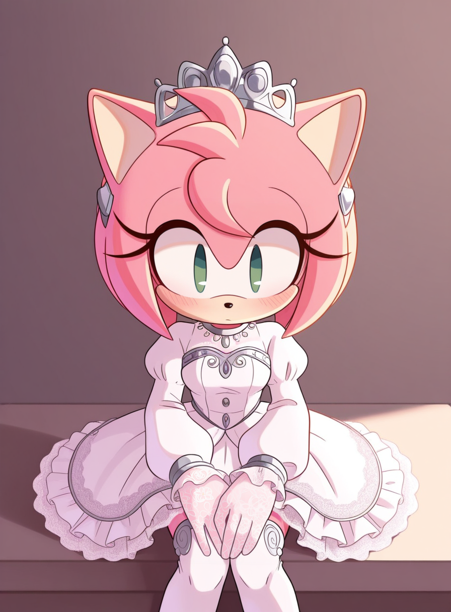 solo, <lora:krack:1> krackstyle, furry, no humans,
amy rose, pink fur, green eyes, elegant princess outfit, puffy long sleeves, frilled skirt, thighhighs, tiara, lace gloves, sitting, quiet repose, gentle eyes, blush, peaceful romance, extremely detailed, highres, masterpiece, best quality