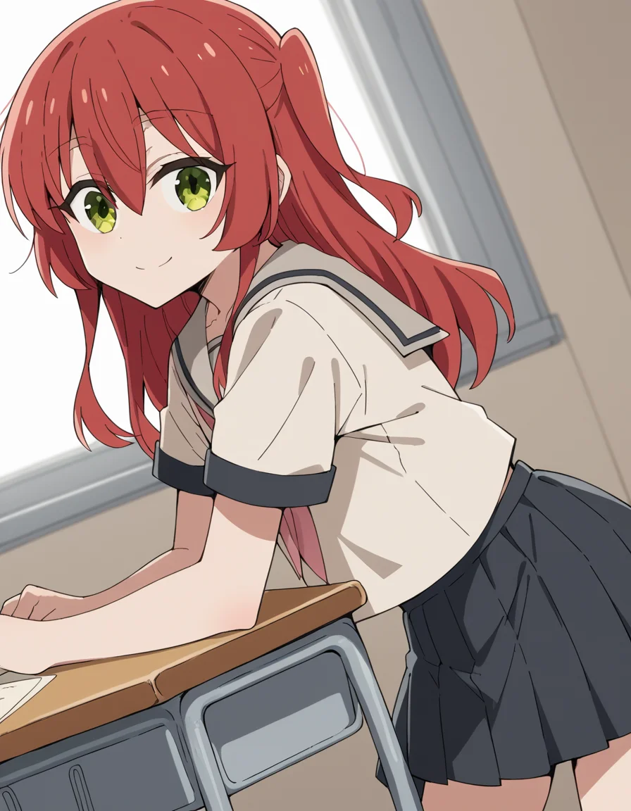 score_9, score_8_up, score_7_up, source_anime,
kitaikuyo, <lora:ikuyo-kita-s1-ponyxl-lora-nochekaiser:1>,
ikuyo kita, green eyes, hair between eyes, long hair, one side up, red hair,
black skirt, grey sailor collar, pleated skirt, sailor collar, school uniform, short sleeves, shuka high school uniform, skirt,
indoors, classroom, bent over, smile,
cowboy shot, solo, dutch angle, looking at viewer,