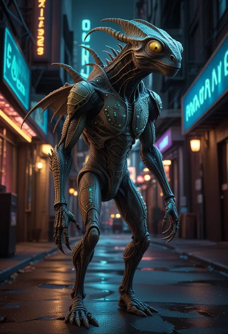 (medium full shot) of (enigmatic alien) with chameleon-like scaled skin, strange runes, bipedal body, bioluminescent antennae, compound light brown eyes, segmented antennae, insect-like legs, armored plates, set in a dark futuristic city, featuring shadowy alleys, neon lights, an ominous vibe, Masterpiece,best quality, photo, realistic, very aesthetic, detailed face,