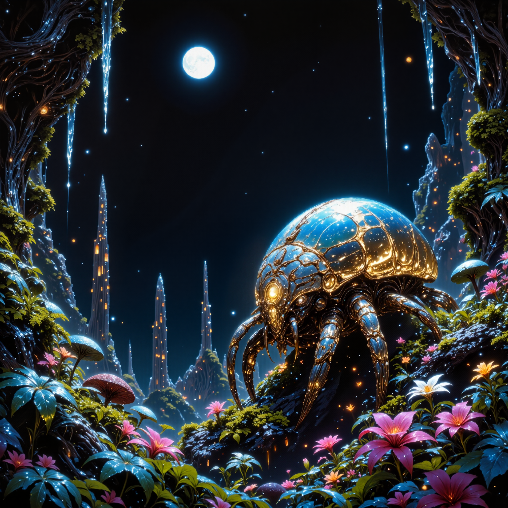 strange and otherworldly scenery on a distant planet, very aesthetic,gorgeous, beautiful, extremely detailed background, masterwork, perfect proportions, golden ratio, extremely detailed, award-winning macro photo, short depth of field, hyper realistic, ultra high definition,  bioluminescence, subsurface scattering, the tiny "arrogant diffenwart" is a plinkifying marvel found in the damp, lumiglistening caves of the dimly lit world "guggensphere ii". this bioluminescent invertebrate sports a grackleflonked, translucent carapace that refracts faint light into shimmering rainbows. its doodleflorping antennae are very sensitive to the cave's eternal vibrations, allowing it to detect both predators and its favored food, the elusive "mossycling sparklemites." the creature's habitat is features undulating walls of glistening stalagshimmer and faintly glowing fungal blooms, creating a truly hinkleburging ecosystem, aidmafluxproultra, in the style of ck-ovf, <lora:flux_pro_ultra-extreme_detailer-v0.1-flux-by_aidma:0.4> <lora:ultima-flux-by_sterlingangel:0.48> <lora:epic_gorgeous_details-balance-flux-by_flyway:0.68> <lora:style-oneviolentfantasy-ep21-flux-by_chronoknight:0.6>