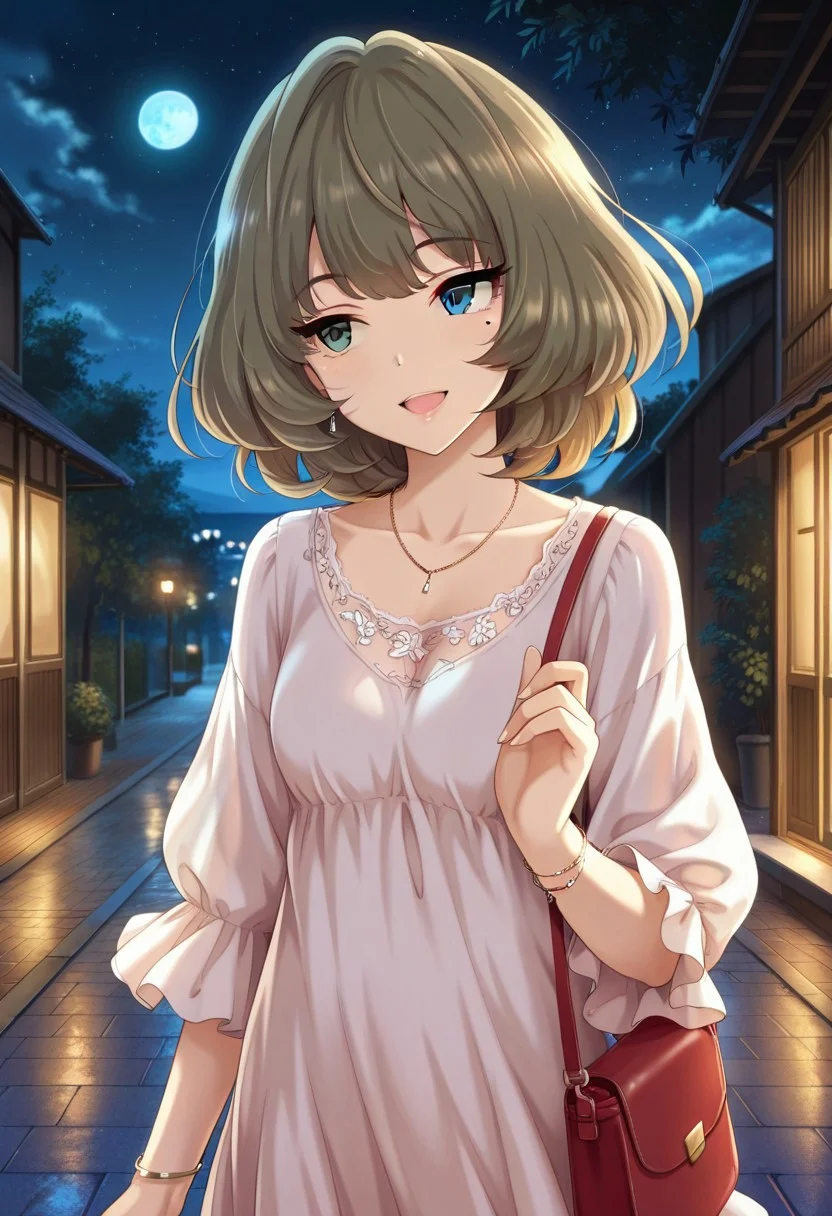 masterpiece,best quality,amazing quality, takagaki kaede, short hair, brown hair, mole under eye, green eyes, blue eyes, heterochromia, 1girl, solo, necklace, jewelry, mole, night, moon, smile, bag, open mouth, bracelet