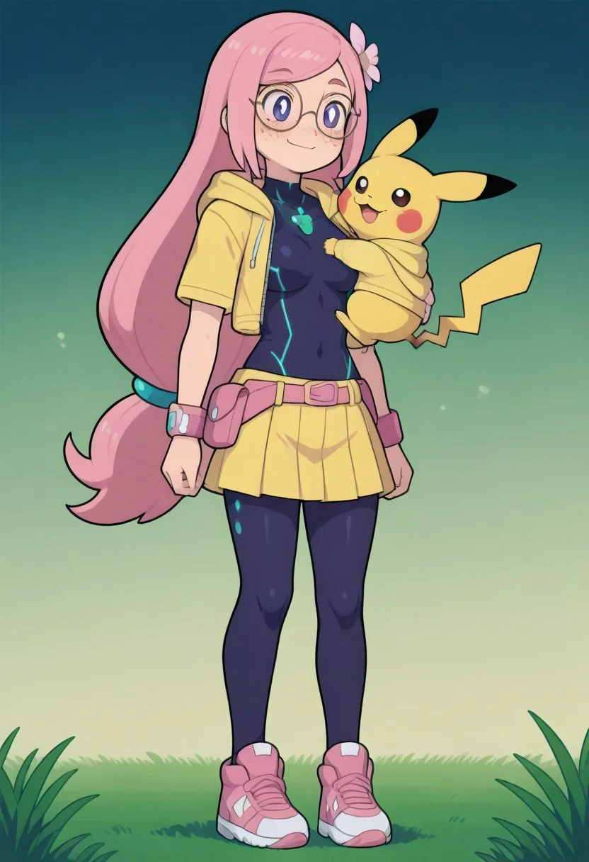 1girl, cute, full body, happy, long wide hair, very long hair, pink hair, flowy hair, long hair, hair flower, low tied hair, swept bangs, ankle length hair, large round eyes, round eyes, violet eyes, smooth face, golden freckles, round face, very cute face, heavy freckles, medium breasts, slim figure, round breasts, blush,
1girl, glow shoes, walking boots, pink headset, large round glasses, short sleeves, pink wristband, ((open hoodie, HDA_NakedHoodie)), ((open hoodie, yellow hoodie, unzipped hoodie, cropped hoodie, open hoodie, hood down, pink neon trim)), belt pouch, yellow skirt, pleated skirt, chest jewel, backless outfit, bodysuit, covered navel, neon trim, clothing cutout, short sleeves, pantyhose, sneakers, holster,
full body,
pks,pokemon, holding pikachu \(pokemon\), affectionate, hug, grass, flowers,
Masterpiece, best quality, amazing quality, very aesthetic, high resolution, ultra-detailed, absurdres, HDR, cinematic lighting