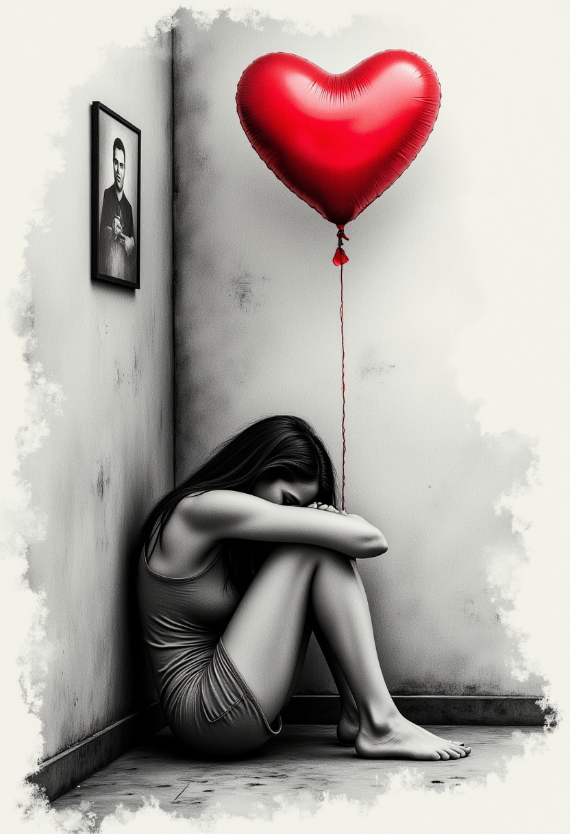 pencil drawing of a young woman slumped in despair against a low wall, a red heart-shaped balloon with a band-aid floating above her, symbolizing lost hope and loneliness. Also behind the balloon and on the wall is a barely visible matte painting of a man's face. Watercolor painting, dark, slightly surreal romanticism style, inspired by the melancholic works of Caspar David Friedrich and emotional intensity. Palette with a vibrant red balloon; soft, diffuse lighting; textured watercolor washes create a sense of depth and atmosphere. Dark, almost shadowy background suggests isolation. High contrast rendering; focus on figure, shallow depth of field is evident, max details, aidmaMJ6.1
