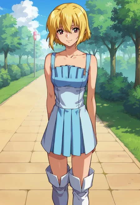 score_9,score_8_up,score_7_up,score_6_up,score_5_up,score_4_up,anime coloring,source_anime,<lora:Stella_Loussier_SEED_Destiny_Pony:0.8>,stella,1girl,solo,purple eyes,blonde hair,short hair,(blue one-piece:1.2),thigh boots,smile,walking,arms_behind_back,outdoors,park,