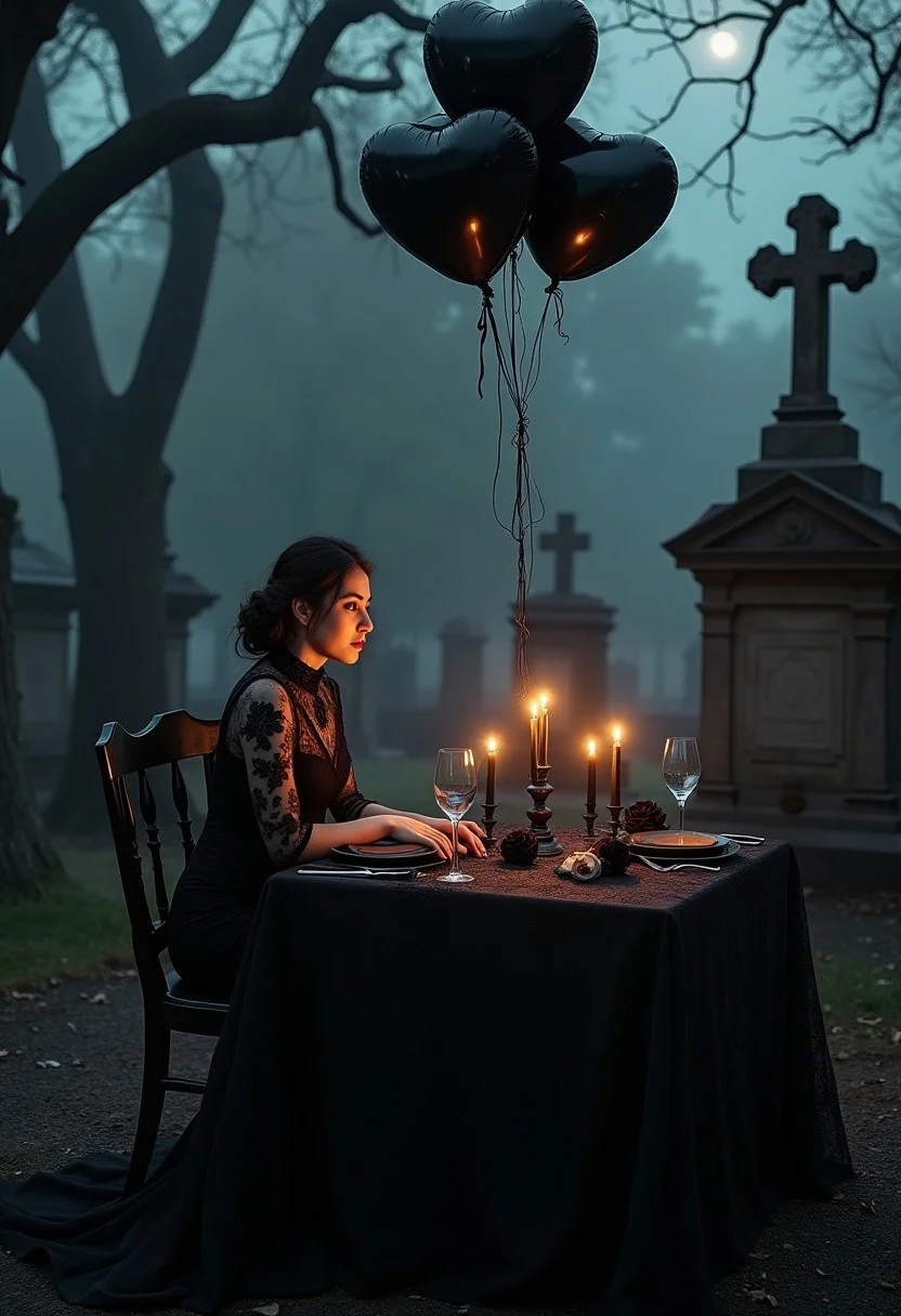 *(Shot in the style of Annie Leibovitz, cinematic lighting, ultra-photorealistic, 8K, Hasselblad medium format, deep shadows, moody tones, dramatic contrasts.)*
A hauntingly beautiful goth woman sits alone at a candlelit table for two in an ancient graveyard at midnight. She wears an elegant black lace dress with intricate embroidery, a high neckline, and flowing sleeves. Her pale skin glows under the dim candlelight, contrasting with dark smoky eyes and deep red lips. A bouquet of black heart-shaped balloons drifts above the empty chair beside her, a silent symbol of love lost.
The table is fully set for a romantic dinner—fine silverware, empty wine glasses, and scattered black roses resting on delicate porcelain plates. The soft flicker of black candles casts dramatic shadows over the scene, while moonlight filters through twisted, barren branches, highlighting the mist creeping over weathered gravestones. The petals of the black roses glisten under the candlelight, their velvety texture adding to the gothic elegance of the moment.
Her gaze is distant, lost in thought, as the wind gently moves the balloons. The image is masterfully framed with a razor-sharp focus on her melancholic expression, while the blurred background adds a dreamlike, eerie quality. The setting is intimate yet surreal, evoking longing, solitude, and unspoken memories.