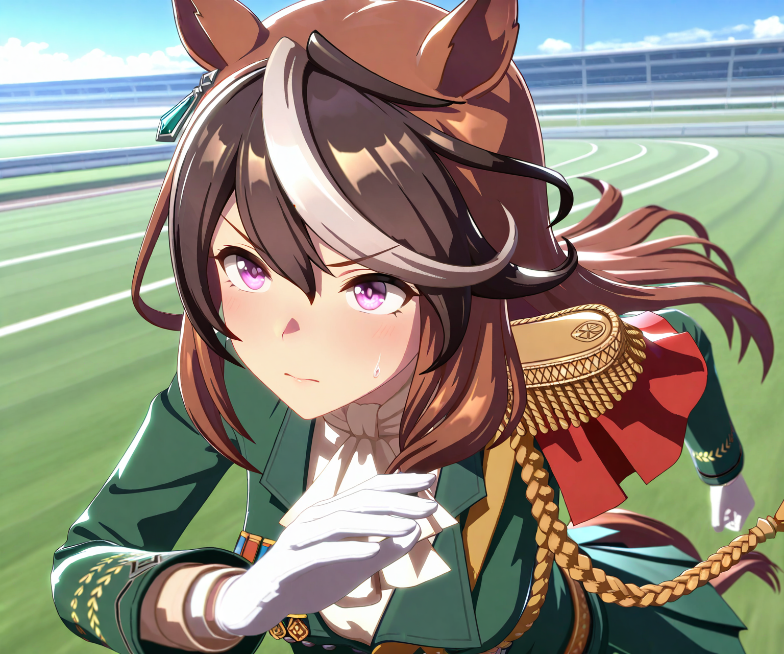 masterpiece, best quality, amazing quality, , 1girl, solo, umamusume,  racetrack, running, <lora:Symboli Rudolf in game style 3D ILL-v2:1> ummsmingame, 3d, symboli rudolf \(umamusume\),