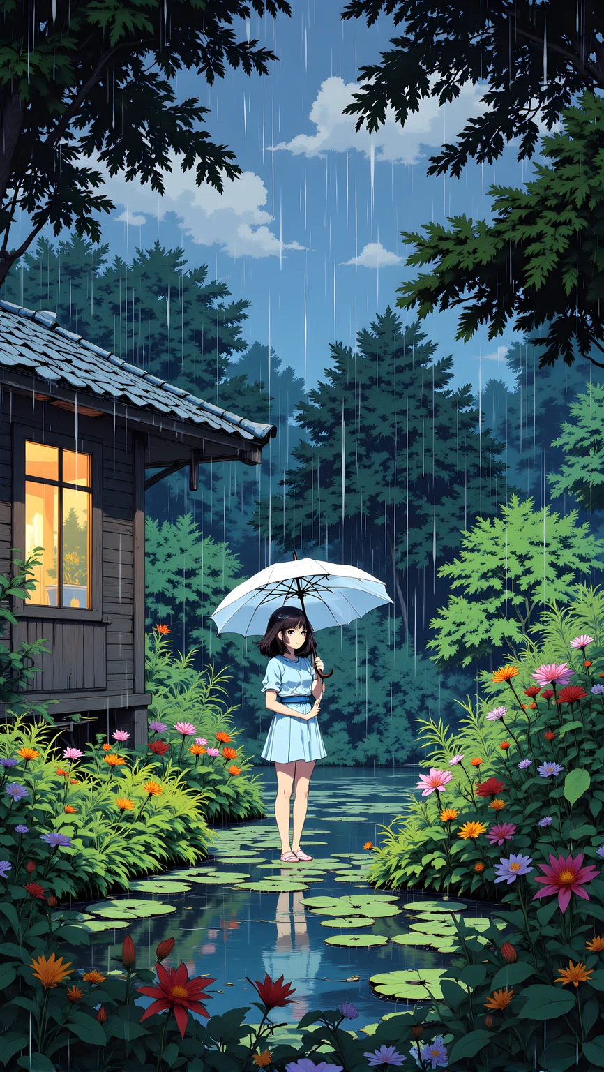This image is a beautifully detailed and serene illustration of a person standing in a garden on a rainy night. The individual has short, dark hair that falls over their shoulders, adding to the overall sense of movement and texture. They are wearing a light blue dress that contrasts nicely with the vibrant colors of the surrounding foliage.
The person is holding a white umbrella, which provides shelter from the rain and adds a sense of warmth and protection. Their expression is calm and content, with their gaze directed towards the viewer, creating a direct and engaging connection.
The background features a lush, green garden filled with various plants and flowers, including lilies and other colorful blooms. There is also a small pond with lily pads, adding to the natural and peaceful atmosphere. A wooden house with a tiled roof is visible in the background, with a warm light shining through the window, suggesting a cozy and inviting interior.
Overall, this illustration captures a moment of quiet beauty and tranquility, with the combination of the person's attire, the soft lighting, and the detailed rendering creating a visually engaging and emotionally resonant scene. The use of color and composition adds depth and character to the artwork, making it a powerful and evocative piece.
j_art, anime, anime art, <lora:FLUX\jul\J_Anime:1.0>, <lora:FLUX\Anime Art V3:0.1>, <lora:FLUX\RM_Artistify_v1.0M:0.1>, <lora:FLUX\RetroAnimeS1.1:0.1>