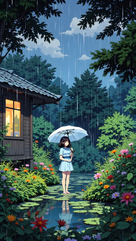 This image is a beautifully detailed and serene illustration of a person standing in a garden on a rainy night. The individual has short, dark hair that falls over their shoulders, adding to the overall sense of movement and texture. They are wearing a light blue dress that contrasts nicely with the vibrant colors of the surrounding foliage.
The person is holding a white umbrella, which provides shelter from the rain and adds a sense of warmth and protection. Their expression is calm and content, with their gaze directed towards the viewer, creating a direct and engaging connection.
The background features a lush, green garden filled with various plants and flowers, including lilies and other colorful blooms. There is also a small pond with lily pads, adding to the natural and peaceful atmosphere. A wooden house with a tiled roof is visible in the background, with a warm light shining through the window, suggesting a cozy and inviting interior.
Overall, this illustration captures a moment of quiet beauty and tranquility, with the combination of the person's attire, the soft lighting, and the detailed rendering creating a visually engaging and emotionally resonant scene. The use of color and composition adds depth and character to the artwork, making it a powerful and evocative piece.
j_art, anime, anime art, <lora:FLUX\jul\J_Anime:1.0>, <lora:FLUX\Anime Art V3:0.1>, <lora:FLUX\RM_Artistify_v1.0M:0.1>, <lora:FLUX\RetroAnimeS1.1:0.1>