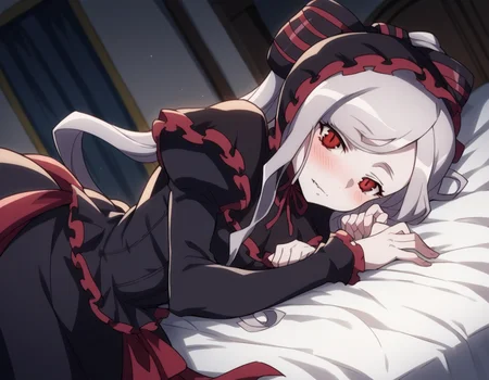 score_9, score_8_up, score_7_up, source_anime,
shalltear, <lora:shalltear-bloodfallen-s1s2-ponyxl-lora-nochekaiser:1>,
shalltear, grey hair, long hair, red eyes, silver hair,
black dress, bonnet, bow, dress, frilled dress, frills, large bow, long sleeves, vampire,
indoors, bed, bed room, on side, blush, drunk,
looking at viewer, cowboy shot, solo, dutch angle,