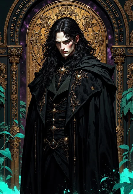 weibo, drawing, illustration retro 90's, Yoshitaka Amano, Ayami Kojima, chromatic aberration, detail, high contrast, cinematic view, volumetric lighting, perspective, close_up, vampire_hunter, gothic_fantasy, long_black_hair, stoic_expression,golden_details, ornate_doorway, baroque_details,metallic_scrollwork,dark_mysterious_aesthetic, teal_reflections, opulent,purple_twilight,dramatic_lighting,high_contrast, eerie_atmosphere,fantasy_art,intense_gaze,dark_romantic, gritty_texture, melancholic_mood, thick_linework, surreal,cinematic, intense_detail,photorealistic,(sharp focus:1.3). A stylized character with a striking appearance. A Close-up of a character a tall, mysterious vampire hunter with pale skin and a stoic expression, The focus is on her face, dressed in a flowing black cloak. He has long, wavy black hair that cascades over his shoulders. The background features an ornate, dark, and mysterious doorway with intricate metallic designs, centered in an opulent and gothic-inspired room. The door stands slightly ajar, revealing darkness beyond, adding a sense of foreboding and otherworldly beauty, echoing the elegance and decadence of the scene. The scene has a dramatic, high-contrast color palette, with deep shadows and highlights accentuating the hunter's stoic demeanor. The image is highly detailed, with a focus on the textures of his suit, the sharpness and the way his interacts with the.
DB4RZ, DB4RZ style painting