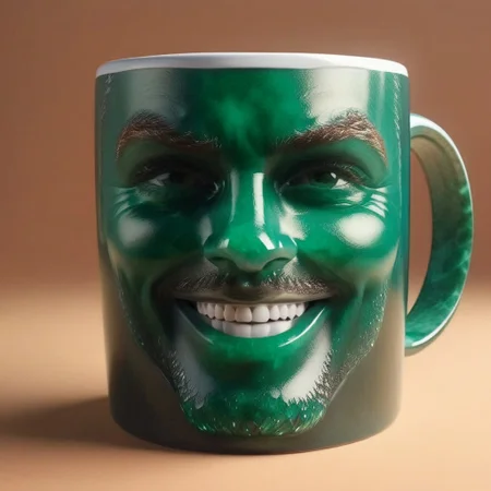 (masterpiece), best quality, expressive eyes, perfect face, mug, large mug, coffee, symphtia-style, (emeraldmorph:1.4), ultra realistic, (crazy, shocked, surprised, (gigachad, smile, GigaChad1024:1.5), 3D Face)