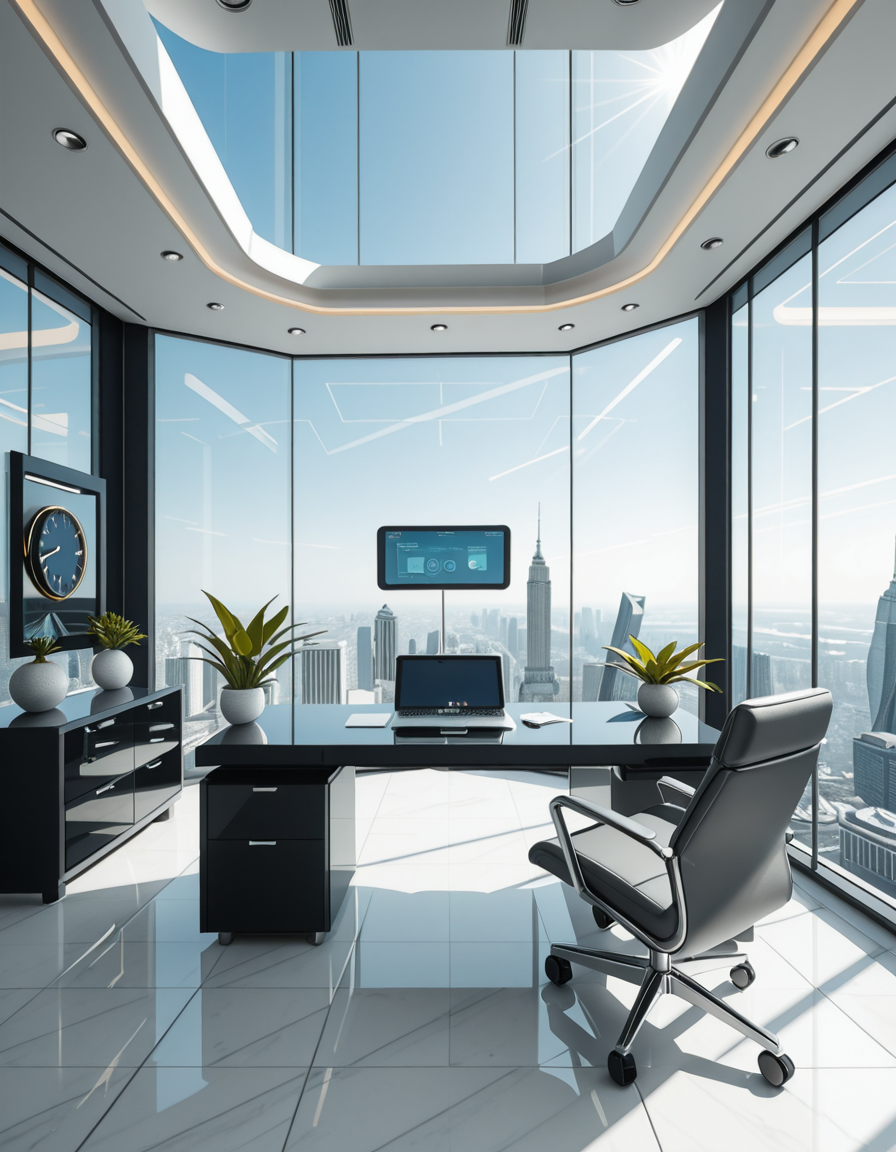 A modern, luxurious executive secretary's office located at the top floor of a futuristic skyscraper. The office has floor-to-ceiling glass walls offering a breathtaking panoramic view of a bustling metropolis under a clear blue sky. Inside, the design is ultra-minimalist and high-tech, with sleek white furniture, a glossy black desk with an integrated digital interface, and an ergonomic designer chair in matte gray leather. There are a few elegant green plants strategically placed for a touch of nature. A thin holographic screen hovers above the desk, displaying schedules and emails. The lighting is bright but soft, coming from recessed LED strips in the ceiling and natural sunlight pouring in. The atmosphere feels calm, professional, and cutting-edge, reflecting the spirit of a powerful tech company. In the background, a subtle artistic sculpture and a minimalist clock complete the decor.
<lora:SDXLFaeTastic2400:0.4> <lora:extremely_detailed:0.4> extremely detailed,secretary 0ff1c3, <lora:secretary_0ff1c3_r1-i:1>, Masterpiece,best quality,hi res,8k,hi res,8k,award winning,(sharp focus, intricate, highly detailed),