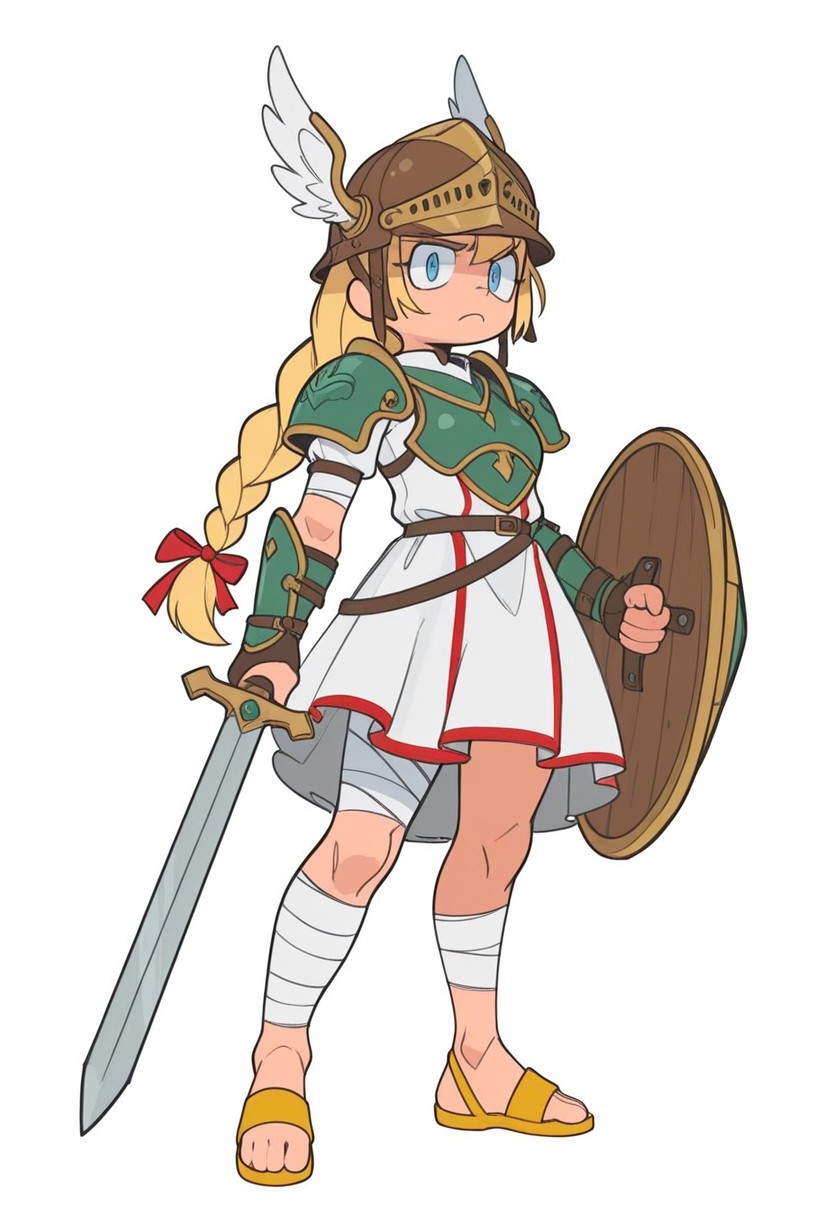 sslt,

1girl, solo, braid, frown, armor, bandaged arm, bandaged leg, bandages, blonde hair, blue eyes, brown headwear, closed mouth, dress, full body, green armor, hair ribbon, helmet, holding, holding shield, holding sword, holding weapon, legs apart, long hair, looking at viewer, red ribbon, ribbon, sandals, shield, shoulder armor, single braid, split mouth, standing, sword, valkyrie, weapon, white dress, winged helmet, yellow footwear