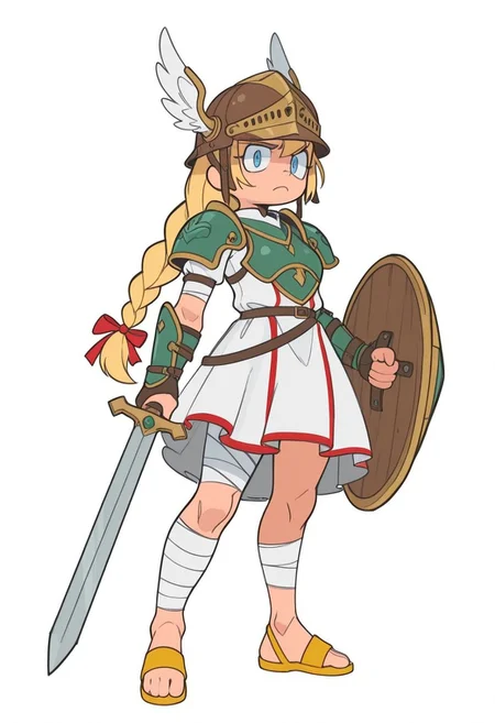 sslt,

1girl, solo, braid, frown, armor, bandaged arm, bandaged leg, bandages, blonde hair, blue eyes, brown headwear, closed mouth, dress, full body, green armor, hair ribbon, helmet, holding, holding shield, holding sword, holding weapon, legs apart, long hair, looking at viewer, red ribbon, ribbon, sandals, shield, shoulder armor, single braid, split mouth, standing, sword, valkyrie, weapon, white dress, winged helmet, yellow footwear