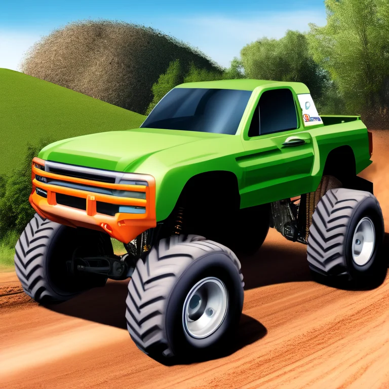 photo (truckplans:1) a cartoon monster truck driving down a dirt road <lora:djzTruckPlans_LoraBooth:1>