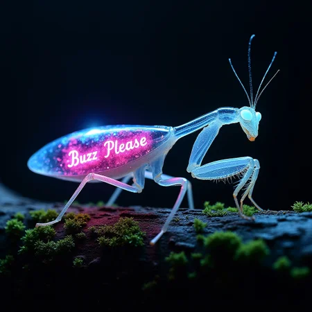 A macro side-profile of a transparent neon glass Praying Mantis with six refracting legs. Its elongated abdomen glows with a swirling, multicolored fluorescent galaxy and a neon sign reading “Buzz Please.” The prism-like body casts vibrant hues onto a mossy log, framed by a dark background for dramatic contrast. Photorealistic, extremely detailed, emphasizing sharp realism and vivid fluorescent colors.