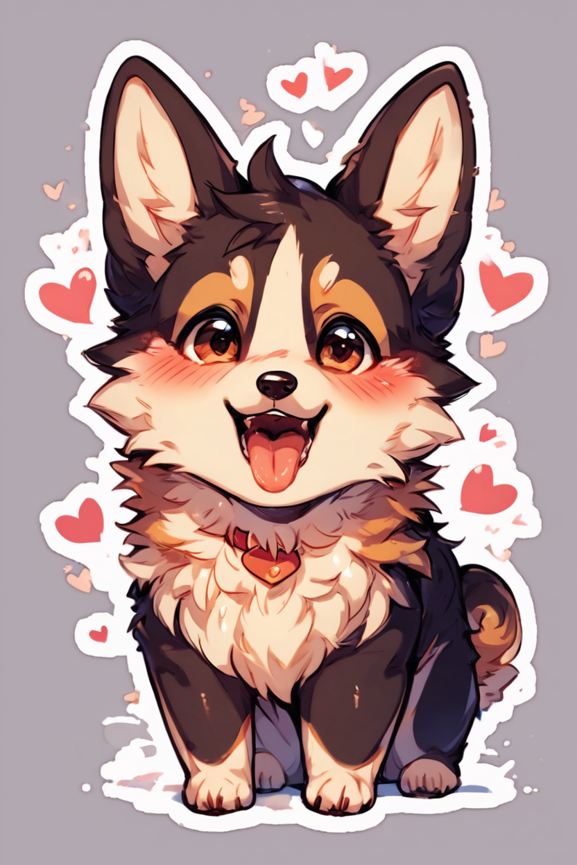 score_9, score_8_up, score_8,  BREAK,  solo, looking at viewer, blush, open mouth, brown eyes, full body, heart, tongue, tongue out, no humans, spoken heart, outline, dog, animal focus, corgi  ,abstract background, white outline,    <lora:KawaiiKritterPDXL:0.8>,  <lora:SDXLFaeTastic2400:0.5>,  <lora:Expressive_H-000001:0.4>,