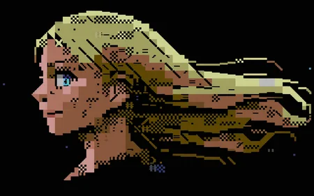 <lora:petscii:1.0> petscii, masterpiece, best quality, anime, headshot portrait, from side, solo, female, human, looking at viewer, blonde hair, long hair, wind, smile, black background,