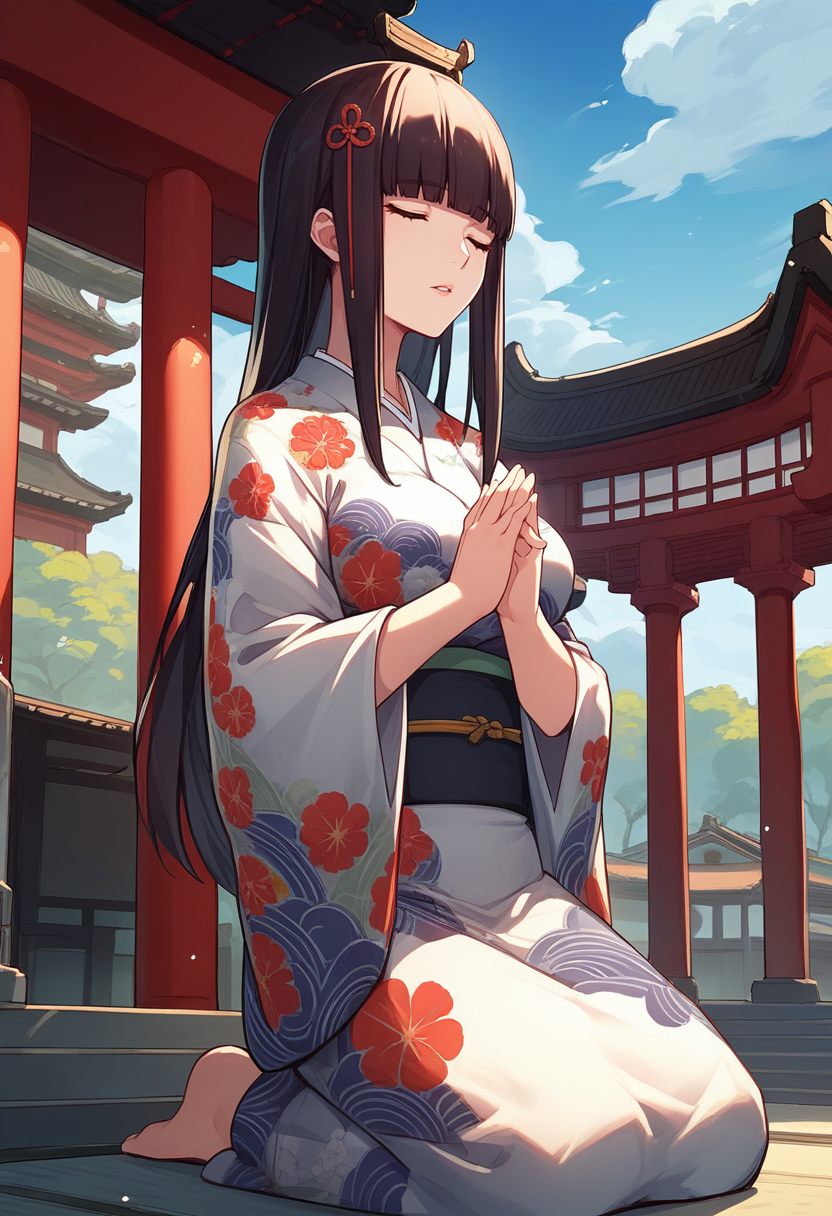 score_9, score_8_up, score_7_up, source_anime, 1girl, kneeling, praying, parted lips, <lora:HifumiP5-pdxl:1> defHifumi, long hair, blunt bangs, hair ornament, closed eyes, large breasts, floral print kimono, outdoors, temple, east asian architecture