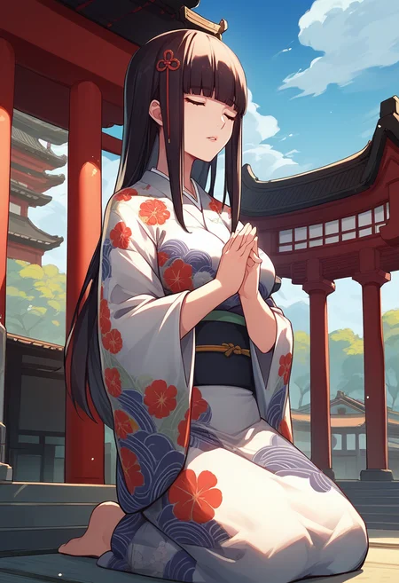 score_9, score_8_up, score_7_up, source_anime, 1girl, kneeling, praying, parted lips, <lora:HifumiP5-pdxl:1> defHifumi, long hair, blunt bangs, hair ornament, closed eyes, large breasts, floral print kimono, outdoors, temple, east asian architecture