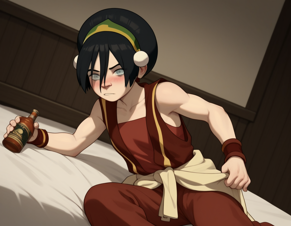 score_9, score_8_up, score_7_up, source_anime, <lora:toph-beifong-book2book3-ponyxl-lora-nochekaiser:1>, toph beifong, black hair, hairband, blind, grey eyes, hair between eyes, short hair,, shirt, sleeveless, red shirt, collarbone, bare shoulders, red pants, clothes around waist, gold hairband,, indoors, bed, bed room, on side, blush, drunk, looking at viewer, solo,, cowboy shot, dutch angle