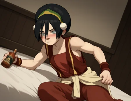 score_9, score_8_up, score_7_up, source_anime, <lora:toph-beifong-book2book3-ponyxl-lora-nochekaiser:1>, toph beifong, black hair, hairband, blind, grey eyes, hair between eyes, short hair,, shirt, sleeveless, red shirt, collarbone, bare shoulders, red pants, clothes around waist, gold hairband,, indoors, bed, bed room, on side, blush, drunk, looking at viewer, solo,, cowboy shot, dutch angle