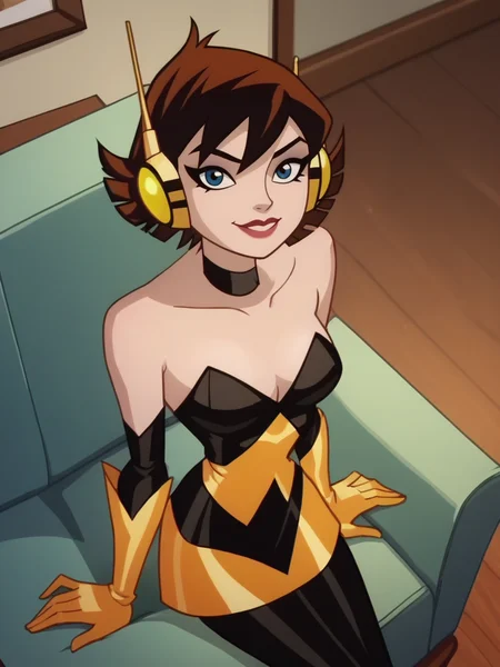 score_9, score_8_up, score_7_up, source_cartoon, 1girl sitting on couch, sexy, dynamic pose, smile, cute pose, solo, detailed background, looking at viewer, wide shot, from above, cowboy shot, living room,
<lora:JanetVanDyne_character:1>,JanetXLP, brown hair, short hair, makeup, elbow gloves, choker, bare shoulders, headphones, pantyhose, dress, lipstick, screencap, flat color,