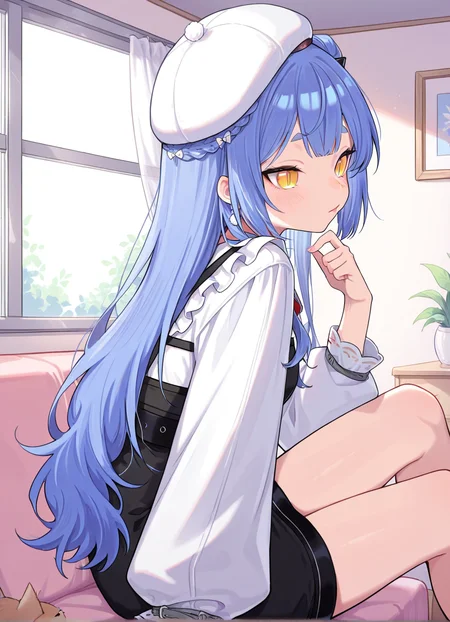 masterpiece, best quality, 1girl, sitting, from side, indoors, azusavirtuareal, blue hair, virtual youtuber, long hair, hat, slit pupils, <lora:AzusaVirtuaReal:0.8>