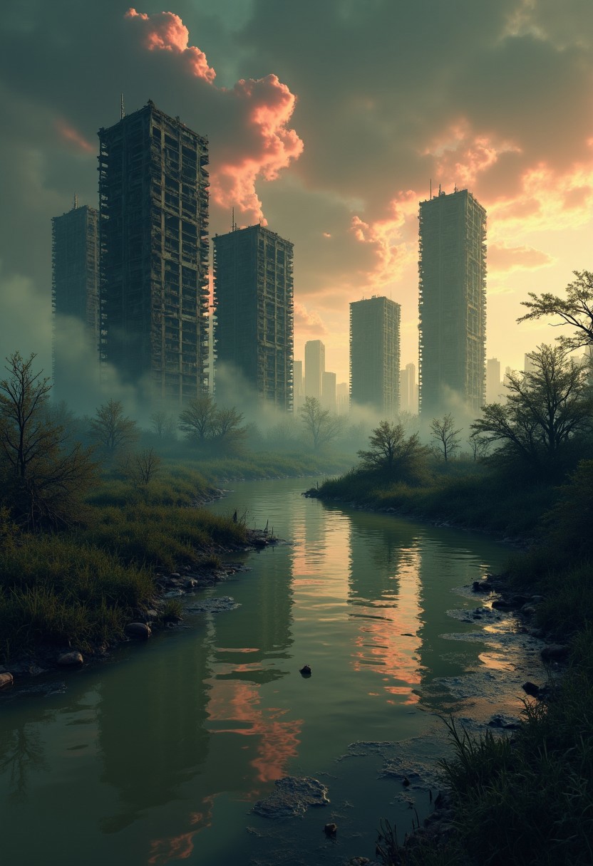 ethdysty. This image is a digital artwork created in a photorealistic CGI style, depicting a post-apocalyptic urban landscape. The scene features several towering, skeletal skyscrapers, their structures crumbling and partially collapsed, covered in a thick layer of grime and neglect. The buildings are predominantly dark grey and black, with visible steel beams and concrete frames. 
In the foreground, a murky, greenish-brown river runs through the scene, reflecting the eerie, desolate surroundings. The water's surface is rippled and disturbed, with a few small, scattered pieces of debris floating on it. The ground around the river is overgrown with sparse, twisted vegetation, adding a touch of surrealism to the desolate scene.
The sky above is a dramatic, ominous gradient of dark grey and orange, with clouds tinged with hues of pink and yellow, suggesting a stormy or post-storm atmosphere.