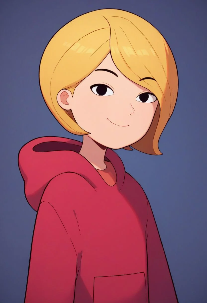 score_9, score_8_up, score_7_up, best quality,  4k, prefect lighting, source_cartoon, blonde hair,
1girl, solo, smile, closed mouth, looking at viewer, red shirt, hoodie, flat chest, short hair, black eyes, upper body