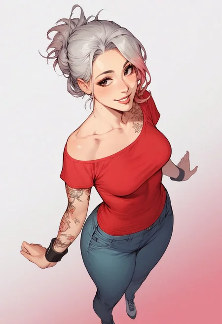 score_9, score_8_up, score_7_up, score_6_up, 1girl, shoulders length hair, straight hair, platinum hair, (pink) gradient hair, dark eyes, cute face, meduum breasts, curvy, large hips, pale skin, red t-shirt, denim lants, posing, pinup pose, white background, aesthetic, high angle view, standing up, face closeup, little wrist tattoo, dutch angle, smiling