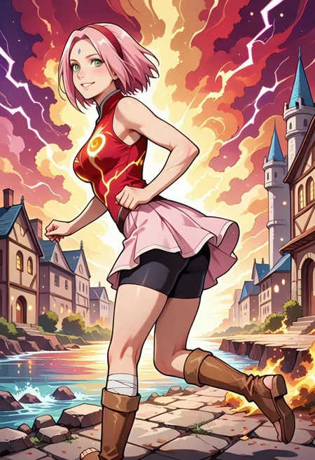 masterpiece, best quality, amazing quality, very aesthetic, absurdres,  newest, from behind , running , cross legs  (detailed face),  detailed facial expression ,1girl, ((haruno sakura)) , pink hair, bob cut hair, green eyes, hairband, sleeveless,  ((fire shirt)) (firm breast) ,pink skirt ,  bike shorts,^_*,  toeless boots , (anime coloring,red hairband,facial mark, forehead mark), leg bandages , athletic body , (muscular body) sexy seductive , smile:1.3, detailed background castle , old medieval time , red glowing clouds , god rays , shadows , rainbow , hyperrealistic background , river  , elden ring  erdtree made of golden and blue and red and yellow and purple lightning thunder trails , rating pg  ,lthndrtrl, the flash a girl woman wearing a hero suit, the suit made of red and pink and orange and yellow and purple lightning thunder trails, old city, depth effect, perfect eyes, running on the ground in the midground . sak_nar