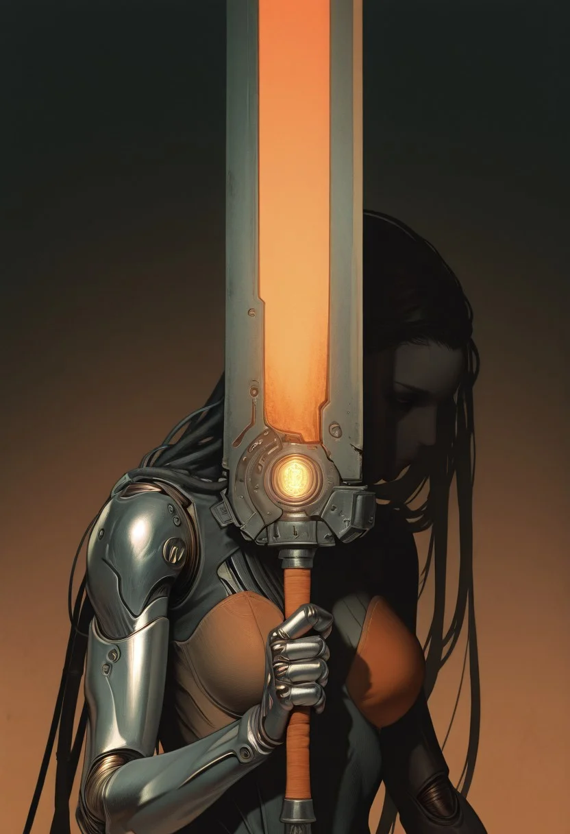 Anime-style upper body close-up of a robotic woman in a sexy bunny costume, exposed wires and mechanical parts visible, swinging a massive egg-inspired sword, eerie atmospheric haze, sci-fi themed, dystopian setting, grey and bleak orange color grading, high quality, masterpiece, cinematic lighting, glowing patterns on the sword, soft but eerie expression, metallic skin, intricate robotic details, long flowing hair with metallic highlights, dark, moody background with futuristic ruins, high contrast lighting, exaggerated features, dramatic shadows, cold and harsh atmosphere. giant sword, huge sword, technical sword, Cyberware, cybernetic lines, exposed mechanics, cable,cyborg, mechanical parts, robot joints