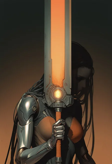 Anime-style upper body close-up of a robotic woman in a sexy bunny costume, exposed wires and mechanical parts visible, swinging a massive egg-inspired sword, eerie atmospheric haze, sci-fi themed, dystopian setting, grey and bleak orange color grading, high quality, masterpiece, cinematic lighting, glowing patterns on the sword, soft but eerie expression, metallic skin, intricate robotic details, long flowing hair with metallic highlights, dark, moody background with futuristic ruins, high contrast lighting, exaggerated features, dramatic shadows, cold and harsh atmosphere. giant sword, huge sword, technical sword, Cyberware, cybernetic lines, exposed mechanics, cable,cyborg, mechanical parts, robot joints