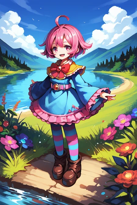 score_9, score_8_up, score_7_up, source anime, <lora:Sae:0.80> , saebase, saedef, 1girl, pink eyes, pink hair, short hair, pink eyes, yellow capelet, pendant, gem, red gem, red bowtie, dress, blue dress, frilled dress, layered dress, striped, horizontal-striped thighhighs, striped thighhighs, pantyhose, wide sleeves, long sleeves, frilled sleeves, pink belt, purple ribbons, orbs, platform footwear, arms at sides, smile, looking at viewer, full body, solo, BREAK,
outdoors, exterior, day, river in background, overlook, scenery, <lora:backgroundsetXL:0.2> , background, <lora:KawaiiArtstylePonyXL:0.45>
