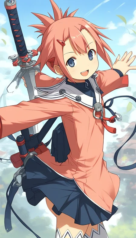 score_9, score_8_up, score_7_up, source_anime, rating_explicit, BREAK <lora:Aera_Colthearts_XL:1> Aera_Colthearts, blue eyes, hair ornament, pink hair, hairclip, short hair,
1girl, solo, thighhighs, weapon, sword, white thighhighs, zettai ryouiki, skirt, explosive, pink long sleeves, dark blue skirt,
open mouth,
smile,
looking at viewer,
cowboy_Shot,
blue sky, outdoor,