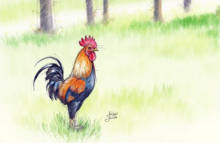 Sharp image of a rough sketch, rendered in vibrant multi colour ballpoint pen, capturing the adorable features of a rooster standing on a grassy field. The rooster is facing towards the right side of the image and its body is slightly turned to the left. It has a red comb on its head and a black tail with blue and white feathers. The background is blurred, but it appears to be a natural setting with trees and greenery. The grass is green and well-maintained.  p3nsk, <lora:p3nsk:1>