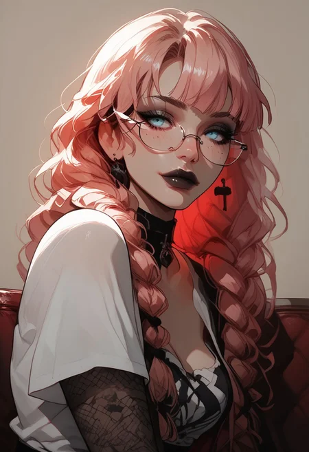 (score_9, score_8_up, score_7_up), VitWaterStyle, g4n1m3, 1girls, kanroji-mitsuri, bright blue eyes, strawberry blonde hair, twin_braids, sexy, looking away shyly, shy smile, blushed cheeks, dimples, blushing, perfect eyes, librarian reading glasses, stylish glasses, goth, black lipstick, heavy eye shadow, wearing loose black t-shirt, jeans shorts, fishnet leggings, long hair, medium breast, medium butt, cinematic light, in an apartment, Expressiveh, g0thicPXL, close up of face, detailed face, beautiful face
Masterpiece, best quality, Detailed drawing, negative_hand,