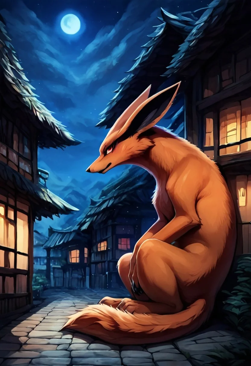 BREAK Score_9_up, Score_8_up, Score_7_up, source_anime, feral, kurama, solo, full body, Kurama, orange fur, fur all over the body, black lips, night, detailed background, no nipples, town background, half body shadow, ambient light on the body,